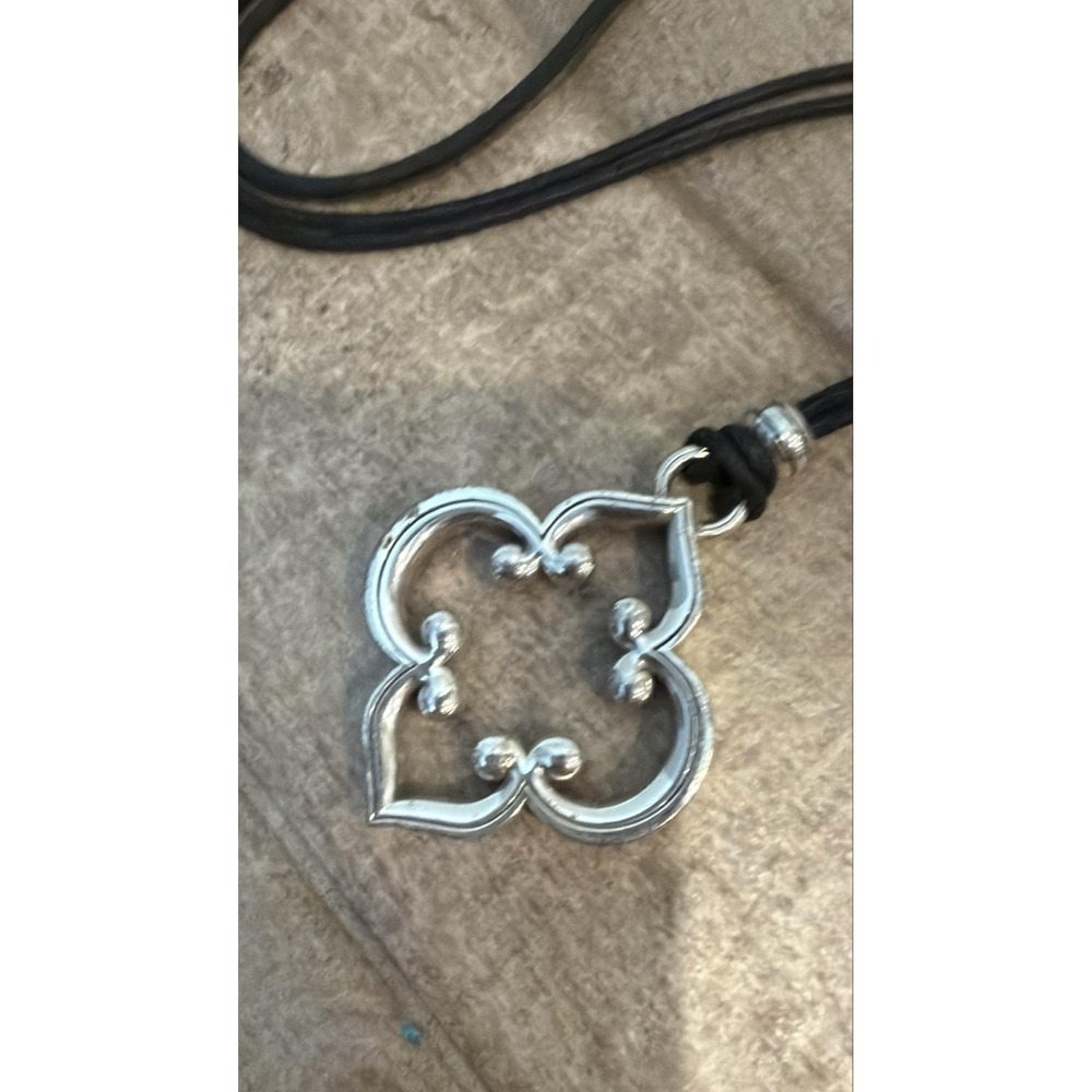 Brighton Clover Pendant Necklace Leather Cord Silver Tone Womens Lobster Clasp - Picture 2 of 10